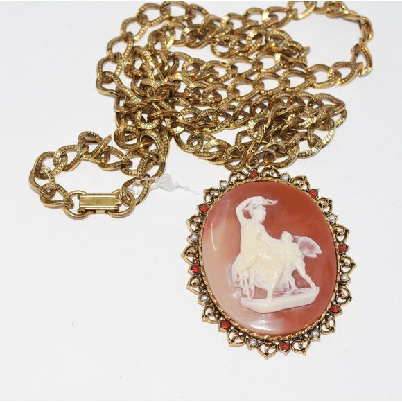 ART Lucite Carving of Victorian Revival Cameo Venus Aphrodite & Child Necklace - Picture 1 of 7